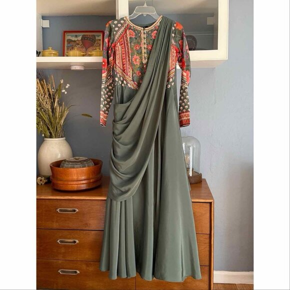 Wishful x Sahil Kochhar Green Printed Maxi Saree Dress Beaded Embroidered - Picture 1 of 9